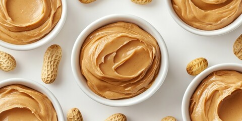 Close-up of creamy peanut butter served in small white ramekins and garnished with peanuts.