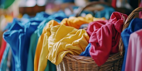 A collection of vibrant towels neatly arranged in baskets for sale. The image showcases a variety of colors and textures, emphasizing the diversity of the items available.