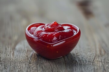 Red tomato sauce or ketchup in a heart shaped bowl on a rustic wooden table, celebrating valentine's day