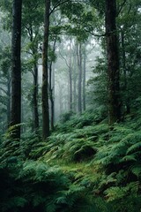 Obraz premium Misty woodland with lush ferns and tall tree trunks