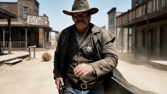 Serious sheriff walking through an old Western town at high noon. Rugged cowboy with a star badge and revolver approaching on a dusty street. Wild West justice and lawman concept