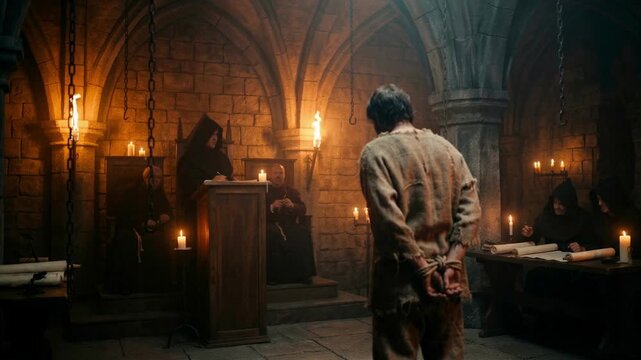 Medieval prisoner with tied hands standing before a hooded tribunal in a dark dungeon. Inquisitors reading a sentence from a podium by candlelight. Historical judgment concept