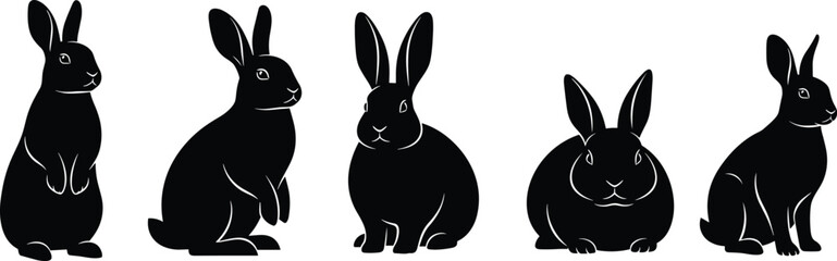 Obraz premium Rabbit silhouette collection, cad drawing flat vector illustration, cute bunny poses, black animal icons, pet wildlife design set