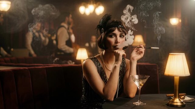 Stylish woman in 1920s flapper dress smoking with a cigarette holder in a dimly lit speakeasy. Vintage jazz club atmosphere with live band in background. Prohibition era concept