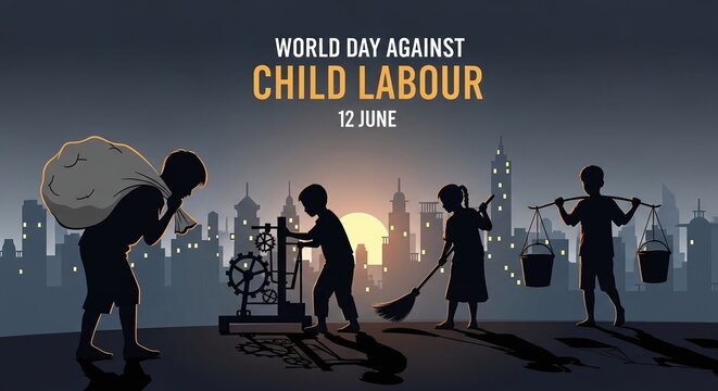 Children working in cityscape at sunset for world day against child labour awareness