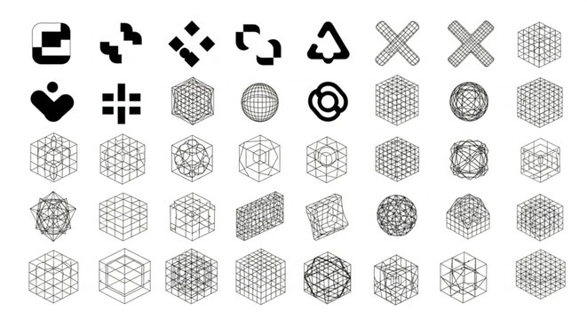 Vertical grid pattern collections. Y2K retro gris shapes. Wireframe geometry grid isolated on background PNG.
