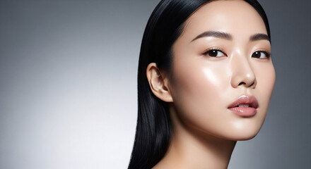 Close-up beauty portrait of a stunning Asian woman with flawless skin and dark hair, studio shot