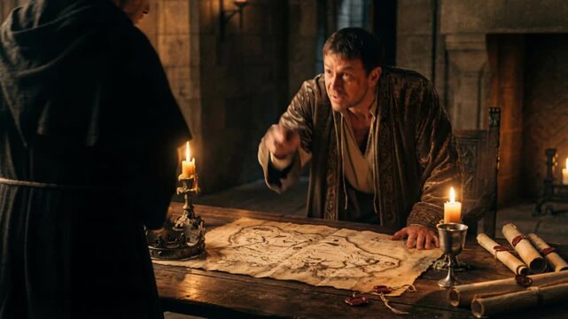 Medieval king planning war strategy on a map in a candlelit castle. Royal leader pointing at parchment while discussing tactics with an advisor. Historical fantasy and military conquest concept