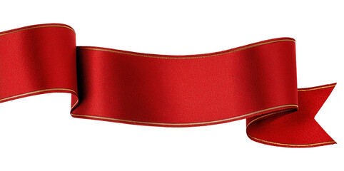 Red satin ribbon banner flowing in elegant wave shape, isolated on transparent background