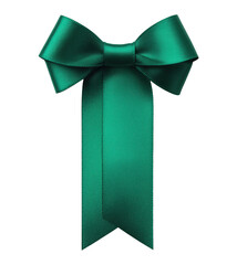 Fototapeta premium Emerald green satin ribbon bow with vertical tails, isolated on transparent background