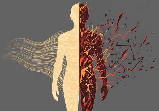 Scientific illustration comparing a healthy human body state with a damaged and dysfunctional state, visualizing physiological balance versus systemic stress and biological breakdown.