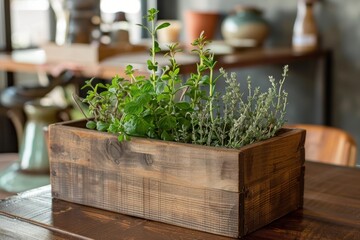 Aromatic herbs thrive in a wooden planter, adding a touch of freshness to a rustic table setting