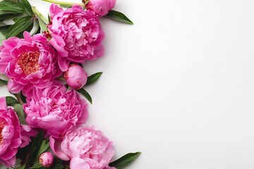 Vibrant pink peonies with green leaves on white background