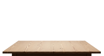 A macro close-up of a pristine, light brown wooden table with natural wood grain, on a transparent studio background with copy space, concept for versatile product presentation