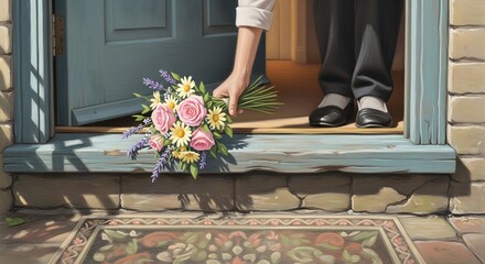 Random Act of Kindness Day Flower Bouquet Left at Doorstep Symbol of Compassion Gratitude and Human Connection