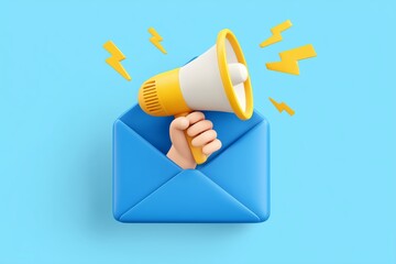 Hand holding megaphone emerging from blue envelope with lightning bolts on blue background