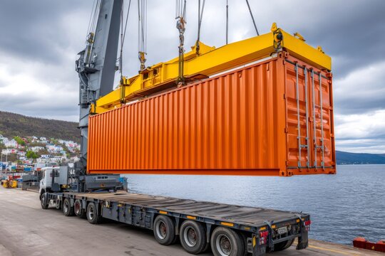Crane lifting shipping container onto a flatbed truck