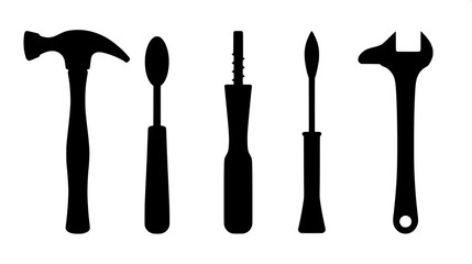Industrial hand tools black silhouette pack, hammer, pliers, screwdriver, wrench, chisel, simple flat vector design