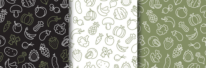 Seamless pattern with fruits and vegetables set. Food, vegan, kitchen, cooking, restaurant concept. White, black, green. Background for prints, banners, decor, scrapbook, design. Vector illustration.