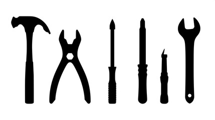 Industrial hand tools black silhouette pack, hammer, pliers, screwdriver, wrench, chisel, simple flat vector design