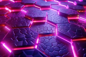 Glowing purple hexagonal surface creating an intricate futuristic pattern, ideal for technology and innovation related projects