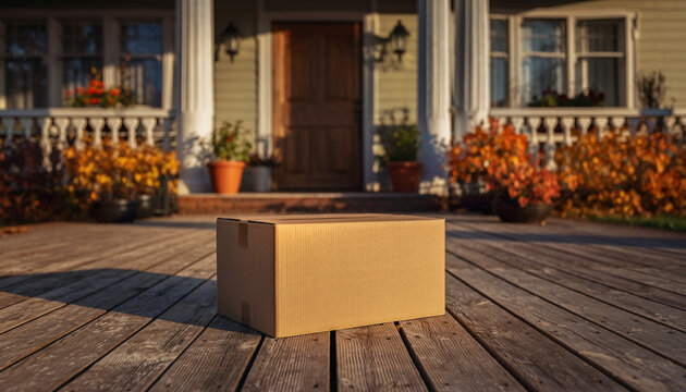 Brown cardboard box on a wooden porch in front of a house with autumn decorations and a door.