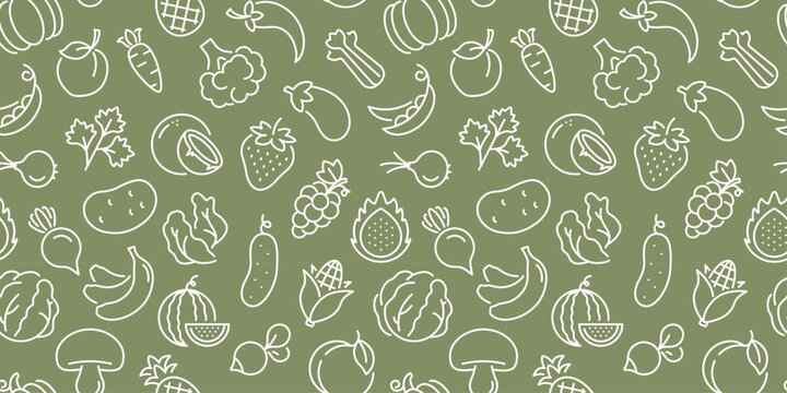 Seamless pattern with fruits and vegetables. Food, vegan, kitchen, cooking, restaurant concept. White, green colors. Background for prints, banners, decoration, scrapbook, design. Vector illustration.