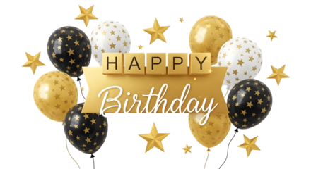 Happy birthday wishes with balloons and stars isolated on transparent background