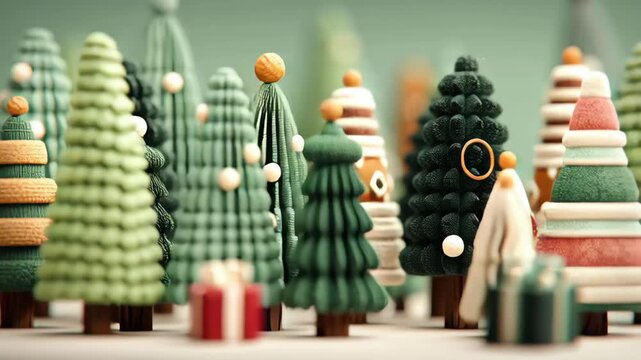 A charming winter wonderland scene featuring creatively designed knitted christmas trees in a variety of colors and patterns. small gift boxes are scattered across the foreground, adding to the festiv