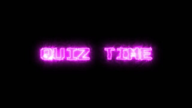 4K Electrifying purple neon "Quiz Time" text animation featuring high-voltage lightning effects and a transparent background for dynamic trivia game overlays