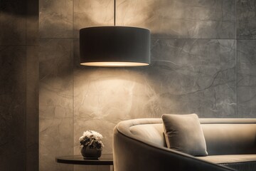 Modern elegance in interior design: cozy sofa, stylish lamp, and elegant textures