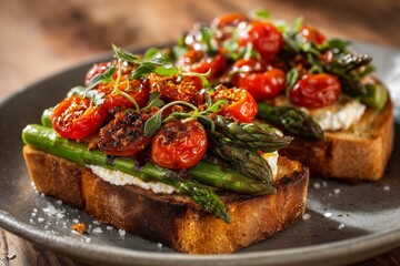 Grilled asparagus and cherry tomato bruschetta with ricotta on rustic bread