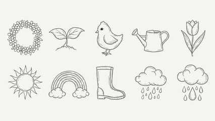 Charming hand-drawn icons representing spring elements like flowers, rain, and sunshine