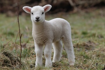 Adorable lamb grazing in lush green pasture