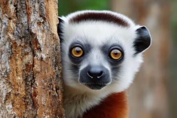 Fototapeta premium Coquerel's sifaka lemur peeking from behind tree trunk