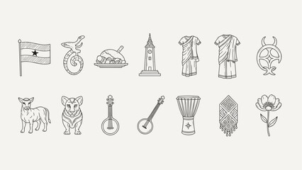 Black and white Ghana cultural icons with food, clothing, animals, drums, instruments, and patterns.