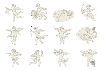 Elegant vintage style set of cupid and cherub doddle, sketch in line art