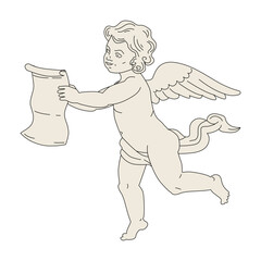 Elegant cupid with scroll vintage style doddle, sketch in line art