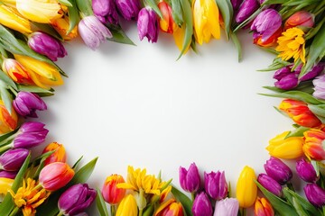 Bright spring tulips frame: colorful floral arrangement on white background