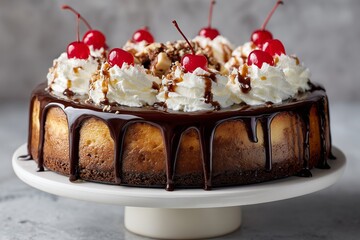 Decadent chocolate drip cheesecake with cherries and whipped cream topping