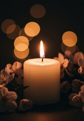 Glowing white candle flame surrounded by delicate spring blossoms and warm, colorful bokeh light reflections, tender, decorative element, serene