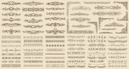 Obraz premium huge Set of design elements. Wreath, frames, calligraphic, swirls divider, laurel leaves, ornate, award, arrows. Decorative vintage line elements collection. Vector illustration.