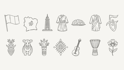 Fototapeta premium Collection of African cultural symbols and landmarks in a simple line art style