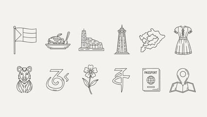 Fototapeta premium Collection of line art icons representing travel, culture, and national symbols