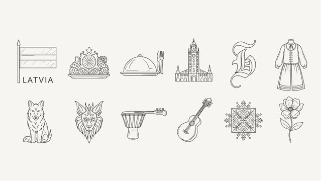 Black and white Latvia cultural icons with food, clothing, architecture, music, animals, and flower.