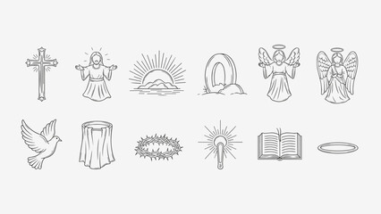 Collection of Christian religious symbols and icons in a line art style