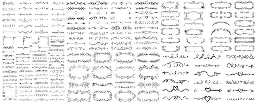 Hand drawn dividers and frames collection. Decorative calligraphic design elements set. Vector ornamental borders, flourishes for wedding invitations, certificates, and text decoration.