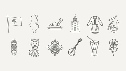 Collection of Tunisian cultural symbols and landmarks in a minimalist line art style