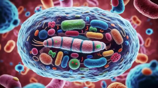 Detailed microscopic view of a eukaryotic cell, showcasing its complex internal structure and organelles.