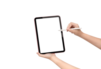 Close up of hands holding a pink digital tablet in horizontal orientation and using a stylus pen on blank white screen isolated on white background. Concept for online learning, digital drawing, and c